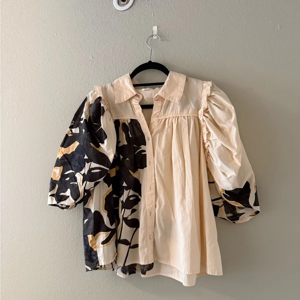 Anthropology - Puff Sleeve Button Front Top - Cream & Black Floral - Size Small - Picture 1 of 2